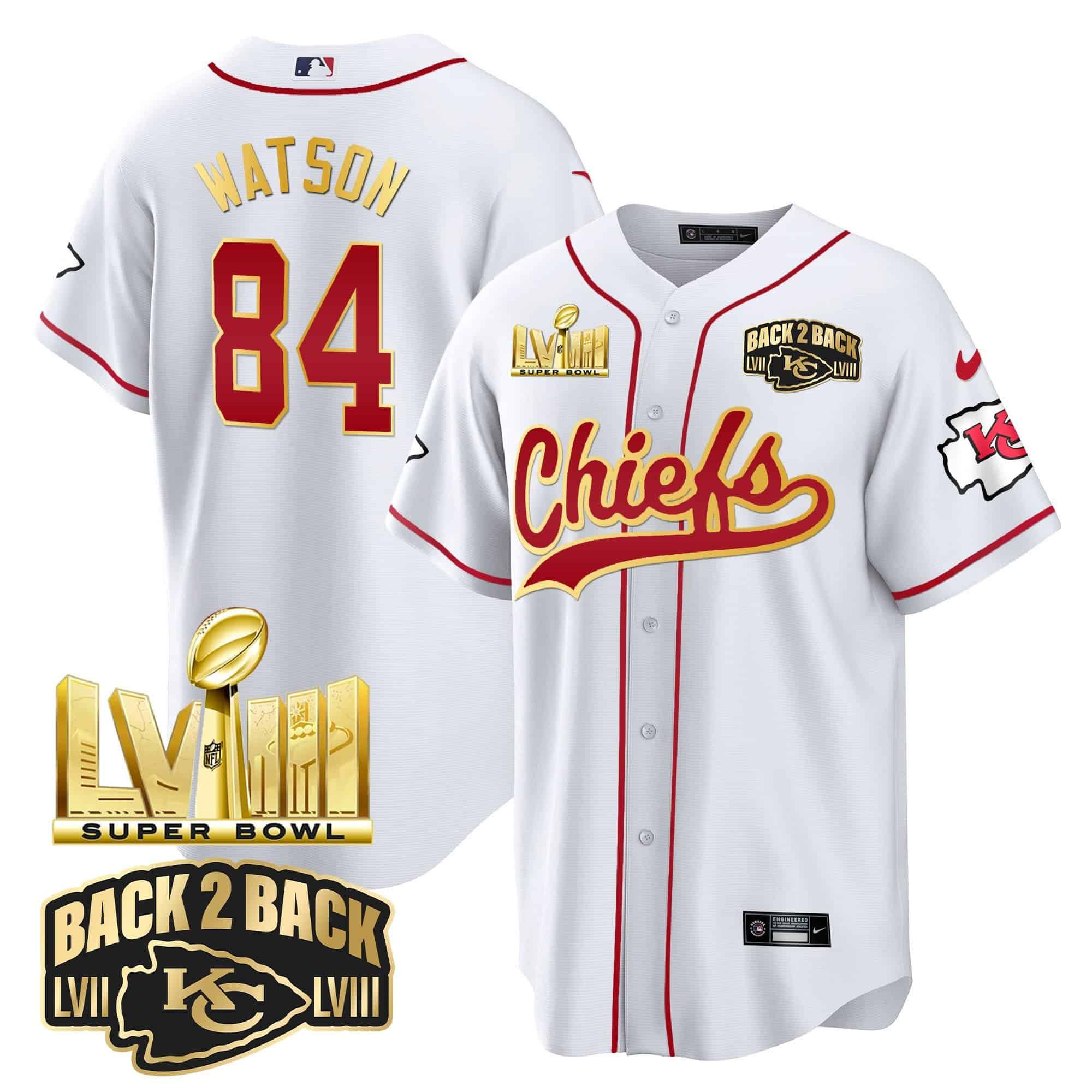Men Kansas City Chiefs #84 Watson White 2024 Nike Super Bowl LVIII Back-2-Back Gold Patch Baseball NFL Jersey